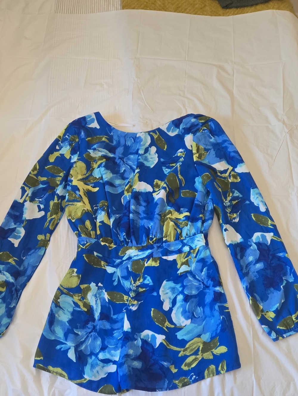 Blue Floral Long-Sleeve Women's Romper.